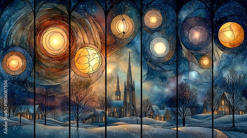 Celestial orbs glowing in stained glass style winter solstice night sky mystical cosmic abstract art background for spiritual holiday decor and magical seasonal illustrations