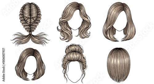 Collection of Different Hairstyles Braids Curls Buns and Straight Hair.