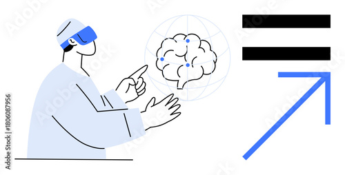 Individual interacting with virtual brain interface using VR headset, accompanied by growth arrow and equality lines. Ideal for AI, neuroscience, education, innovation, data analysis, healthcare