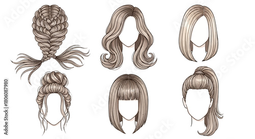 Diverse Hairstyles Braids Waves Bob and Ponytail Illustrations.