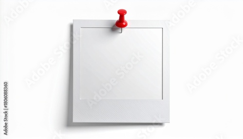 Blank instant photo frame with red pushpin on white background, perfect for memories, messages, or creative mockups.