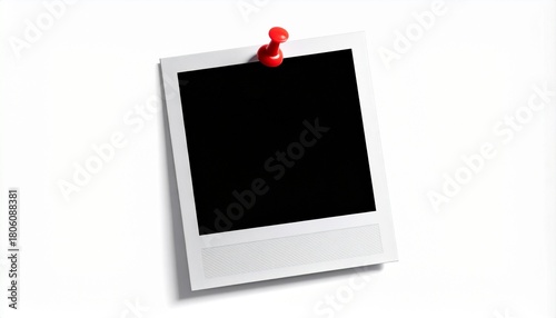 Blank instant photo frame with red pushpin on white background, perfect for your memories, mockups, or creative projects. Copy space for text or image.