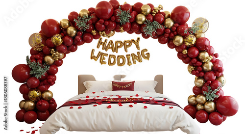 Romantic wedding bed backdrop with a lush berry arch and decorative pillows

