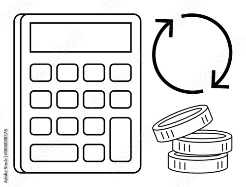 Calculator with buttons, three stacked coins, circular arrows indicating process or repetition. Ideal for budgeting, accounting, investment, economics, cashback, analysis simple flat metaphor