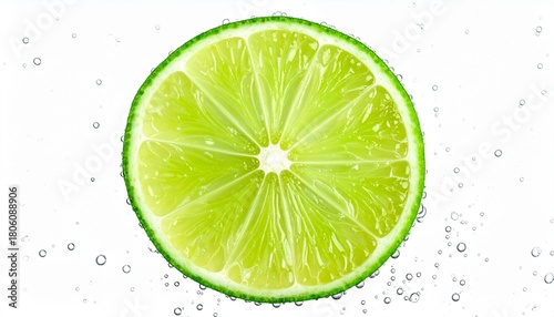 Fresh lime slice with bubbles in water, vibrant citrus fruit for drinks and healthy lifestyle concepts