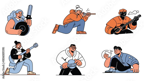 Minimal, modern vector illustrations of diverse creative professionals engaged in business, marketing, design, social media, and content creation activities. Clean lines, soft colors, flat style.