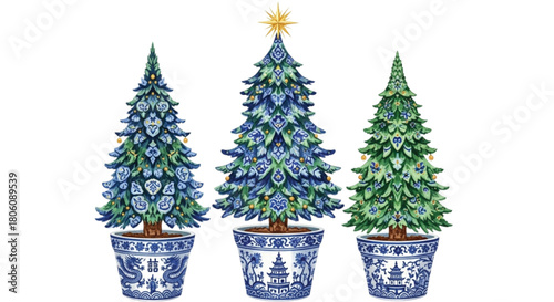 Chinoiserie Christmas Trees in Blue and White Porcelain Pots – Elegant Watercolor Holiday Illustration Set