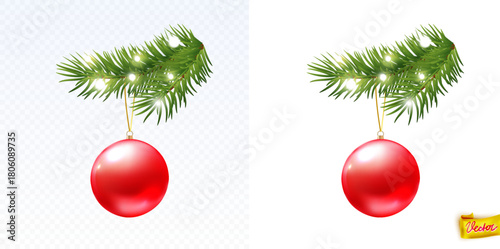 Realistic red Christmas bauble hanging on a green fir branch with glowing lights. Vector isolated decoration for holiday designs, cards, banners, and festive New Year scenes.