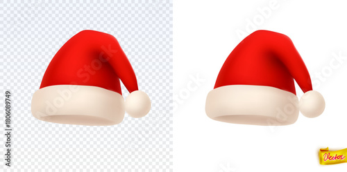 Realistic vector Santa hat with soft white trim and pompom. Classic Christmas accessory for festive designs, winter themes, holiday cards and New Year decorations. Isolated and high quality