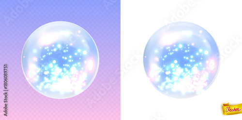 Realistic glowing crystal ball with bright sparkles and soft light effects. Vector isolated holiday element for Christmas, New Year, fantasy designs, decorations and magical winter scenes