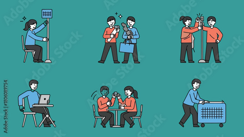 Minimal, modern vector illustrations of diverse creative professionals engaged in business, marketing, design, social media, and content creation activities. Clean lines, soft colors, flat style.