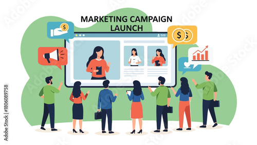 Minimal, modern vector illustrations of diverse creative professionals engaged in business, marketing, design, social media, and content creation activities. Clean lines, soft colors, flat style.