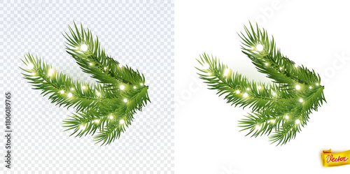 Realistic green fir branch with glowing holiday lights on an isolated background. Perfect vector element for Christmas designs, winter decorations, cards, borders and festive compositions.