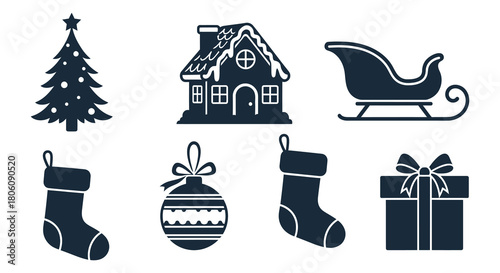 Collection of christmas icons including tree sleigh gingerbread house stocking ornament and gift box