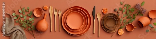 Editorial table flat lay with terracotta accents and bold utensil styling