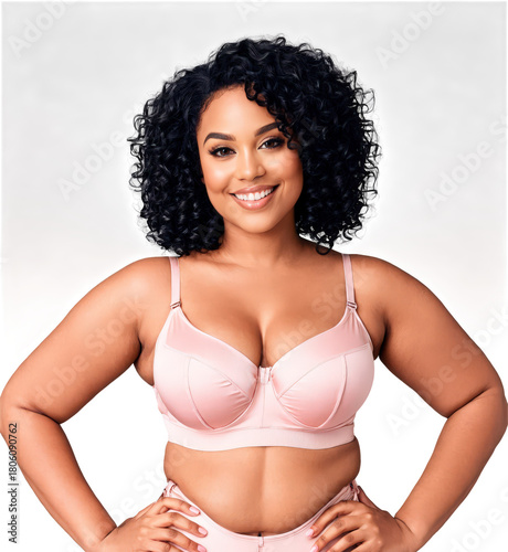 African-American woman with curly black hair, brown eyes, curvy body type, wearing a wireless bra and boyshorts in soft cotton,