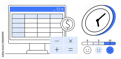 Spreadsheet on monitor, calculator symbols, coin, clock, and satisfaction scale emphasize finance, productivity, time management, budgeting business analysis evaluation and workflow. A simple flat