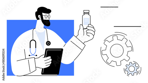 Doctor analyzing a medicine bottle, holding a clipboard, with gears representing innovation, research, and progress. Ideal for healthcare, innovation, research, technology teamwork planning simple