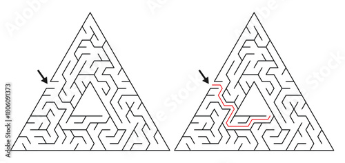 20 Cell Triangular Maze Game for Adults - Easy Maze Game Flat Vector Black and White Outline Illustration for Kdp.