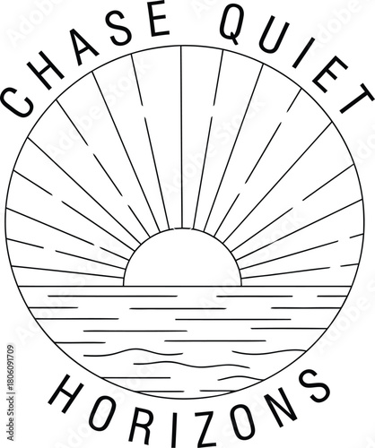 Minimalist sunset over the ocean line art design for branding, logos, apparel, and inspirational quotes that evokes a sense of peace, quiet, and chasing new horizons
