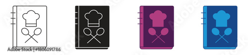 Cookbook icon set. Recipe book icons collection. Chef's hat symbol in the book. Vector illustration.