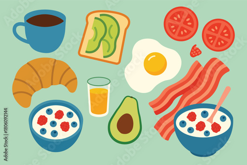 Flat Design Illustration Highlighting a Selection of Delicious Breakfast Items and Drinks