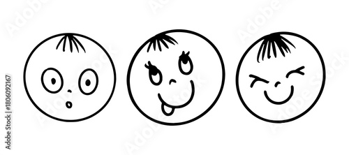 Set of cute doodle kids faces with funny emotions and hairstyles. Hand drawn black and white vector illustration for children’s design, education and comics.