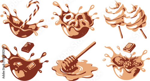 Artistic Illustration of Chocolate Splashes with Candy, Donuts, Marshmallows, Honey, and Berries