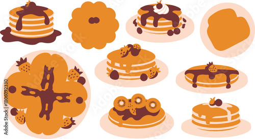 Assorted Cartoon Pancake Illustrations with Toppings Including Chocolate Syrup, Fruit, and Whipped Cream