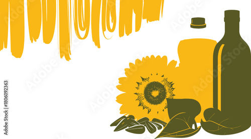 Artistic Sunflower Oil Illustration Seed Pile, Petal Streaks, and OliveColored Bottle Outline