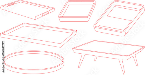 Assortment of Red Outlined Serving Trays Round, Square, Rectangular, and Table Styles