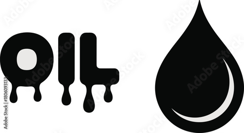Black Oil Drop Icon with Dripping Text Illustration on White Background