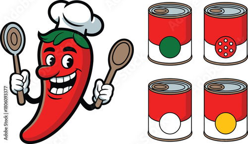 Cartoon Chili Pepper Chef with Spoons and Red Food Cans Illustration on White
