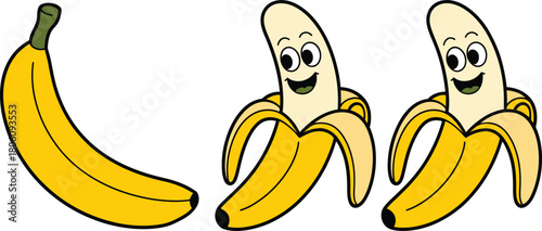Cartoon Featuring a Whole Banana and Two Smiling, Partially Peeled Bananas With Faces