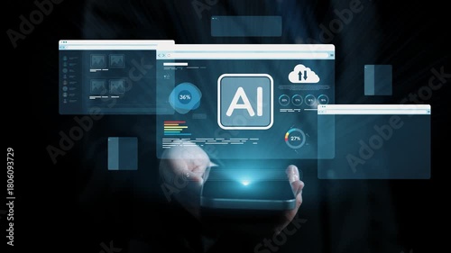 Wallpaper Mural A sleek mobile device showcases an advanced user interface with dynamic data graphics and artificial intelligence analytics, set against a futuristic dark backdrop. Qubit Torontodigital.ca