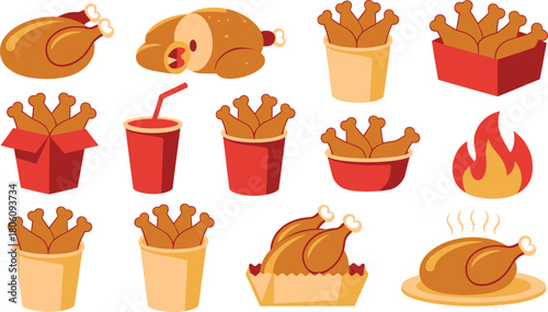 Cartoon Illustration of Fried Chicken, Roast Chicken, and Soda, Perfect for Food Illustrations