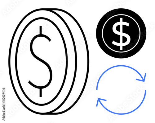 Black outlined coin with dollar sign, solid dollar coin, and blue circular exchange arrows. Ideal for finance, savings, currency, returns, transactions trade and economic systems. Simple flat