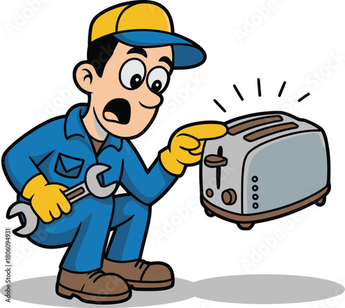 Cartoon Repairman Squats to Fix Toaster, Holding Wrench with Shocked Face Expression