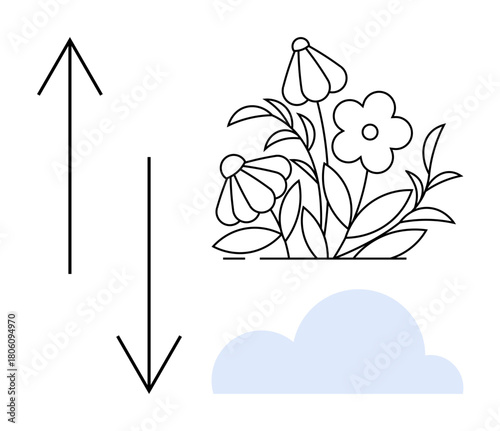 Up and down arrows flank blossoming flowers above a light cloud. Ideal for growth, cycles, transformation, balance, progress, nature, and simplicity. Minimalist flat metaphor