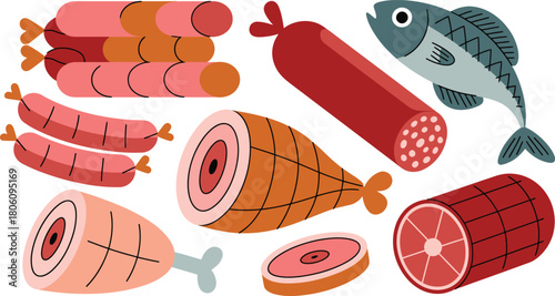Cartoon Still Life Sausages, Ham, Salami, Fish Illustration on a White Background
