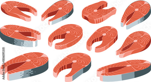 Cartoon Salmon Steaks Isometric Illustration of Fresh Red Fish Cuts on White Background
