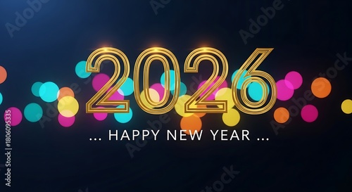 Golden 2026 numbers with blurry bokeh lights and happy new year text on dark background festive celebration