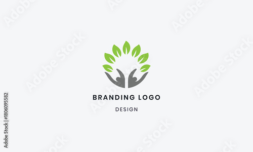 Minimal Eco-Friendly Logo with Leaves and Hand Symbol