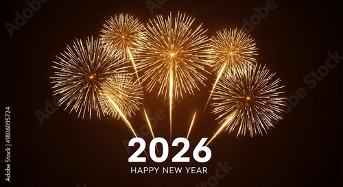 Golden fireworks illuminate the night sky with the year 2026 prominently displayed celebrating the arrival of the new year with a dazzling spectacle of light and color