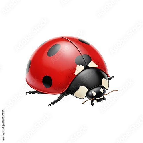 Close-up image of a vibrant red ladybug with black spots on a white background, showcasing its delicate insect anatomy and glossy shell