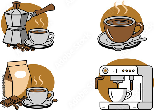 Coffee Preparation Methods and Accessories Illustration of Moka Pot, Espresso Machine, and Coffee Beans