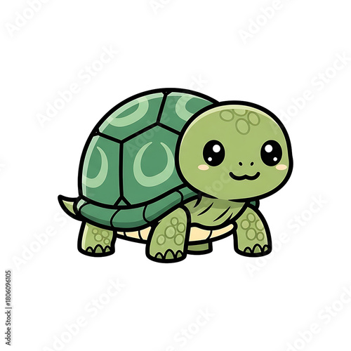 Cute green baby turtle cartoon illustration. A sweet and happy little tortoise character with a smiling face, isolated on a clean white background