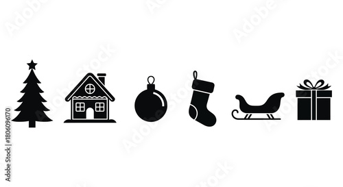 Set of simple black christmas icons including a tree house ornament stocking sleigh and gift