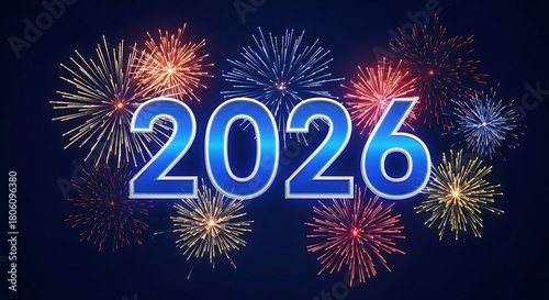 Vibrant fireworks illuminate the year 2026 celebrating the upcoming new year with a dazzling display of color and light against a dark night sky