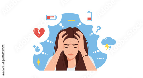 Anxious young woman experiencing mental overload and emotional stress, surrounded by symbols of burnout and unresolved issues.